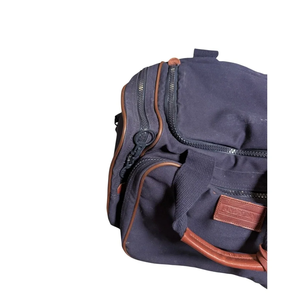 Lands' End Square Rigger Duffel Bag Navy Blue Canvas Leather Trim Travel Luggage
